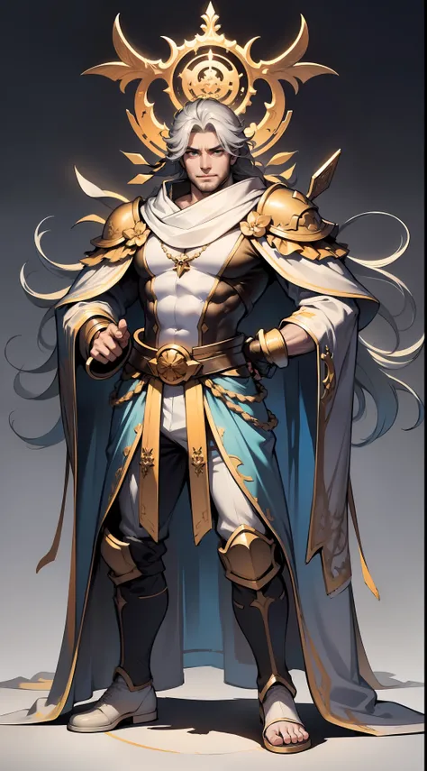 full body shot shot,white backgrounid。Tall stature,The shoulders are wide,But he was skinny,He wore a short blue cloth robe,Empty,It seems to live like a paper King Kong。There are many wrinkles on his face,But he didnt even have a beard,There are no eyebro...