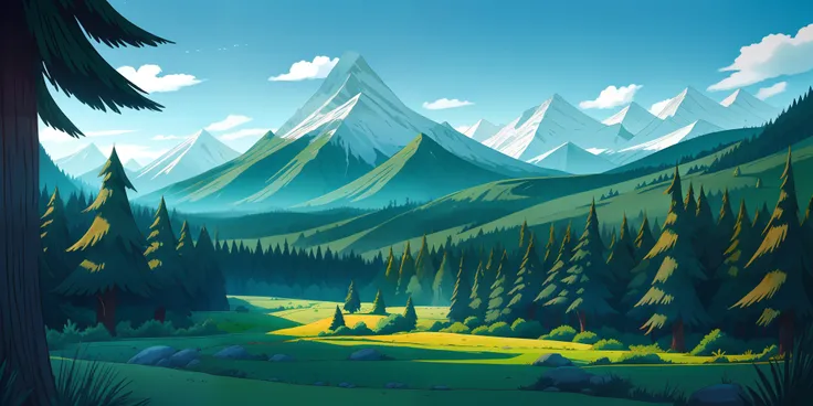 natural landscape painting style, emerald green woods, blue sky, mountains in the distance,