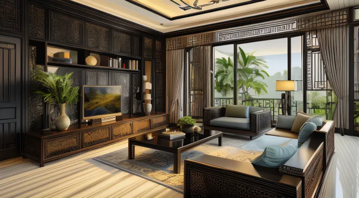 (( masterpiece)) (( ultral realistic)) (( sharp forcus)) (( high detail)) livingroom in indochina style,china , vietnam, black w...