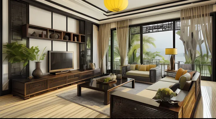 (( masterpiece)) (( ultral realistic)) (( sharp forcus)) (( high detail)) livingroom in indochina style,china , vietnam, black wooden furniture, wallpaper, patent,glossy, ceramic tiles floor,