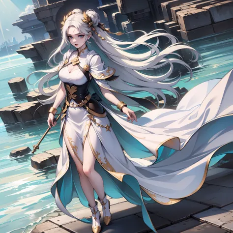 full body shot shot,white backgrounid,woman,Raised sexy,There are marks on the forehead。Her clothes fluttered,Its like riding the wind,She was dressed in white,Win the snow,Long hair like a cloud,She is graceful,Like a fairy,But her looks,But no one can de...