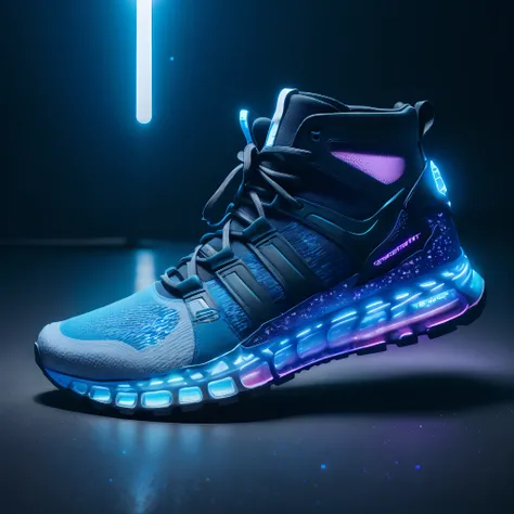 Product photography of cyberpunk sneakers,Epic rendering,octanerender,atmospurate,Particle,Soft volumetric light,(The light from the back window is backlighted:1.3),(cinematic ligh:1.3),Complicated details,(ArtStation:1.3),Blue drifting particles,Blue and ...