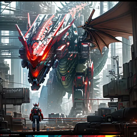 ((mecha dragon + sci-fi dragon + cyberpunk)), (perfect details + ultimate art), (complex mechanical design + film and television...