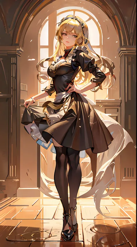 best qualtiy,8K,Best quality,(the detail:1.4),The picture is clear,a close up of a woman in a dress and stockings, anime girl in a maid costume, gorgeous maid, Maid outfit,A person poses for a photo in a maid costume,is an anime character wearing a maid co...