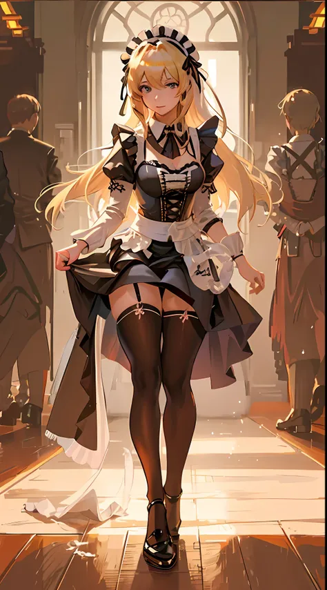 best qualtiy,8K,Best quality,(the detail:1.4),The picture is clear,a close up of a woman in a dress and stockings, anime girl in a maid costume, gorgeous maid, Maid outfit,A person poses for a photo in a maid costume,is an anime character wearing a maid co...
