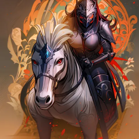 whaite hair，Red eyes，femele，standing on your feet，He wears plate armor，wearing face mask，helmet on，Wear gloves，With a spear，Riding a unicorn，Bright lineup，filigree，High saturated colors，