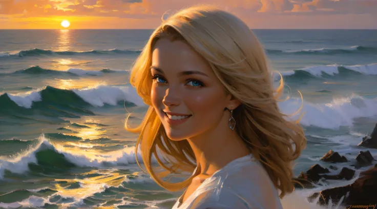 smiling young beautiful blonde woman, at the sea, by sunset, oil on canvas, oil painting, james gurney, close up, smooth, hyper ...