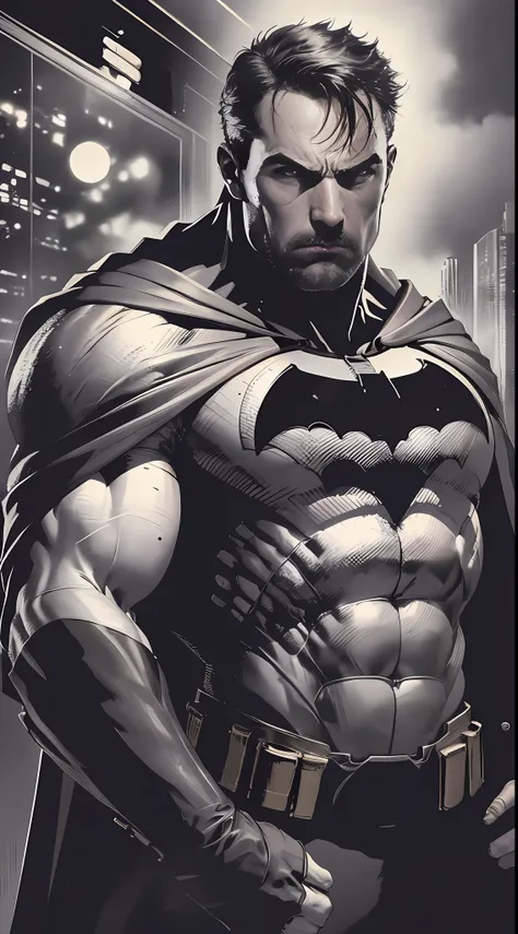 1 man, solo, Ben Affleck as Batman, tall, hunk, muscular, bulk, wide shoulder, photorealism, dark dirty grey suit, dark grey arms, ((no mask)), mask off, black hair, black gloves, best quality, masterpiece, high resolution:1.2, black cape, high detailed , ...