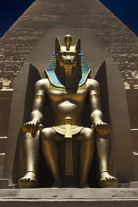 one person, solo, godanubis sitting on a throne inside the pyramid, splendid, egypt, energy, aura, dust, debris, dune,