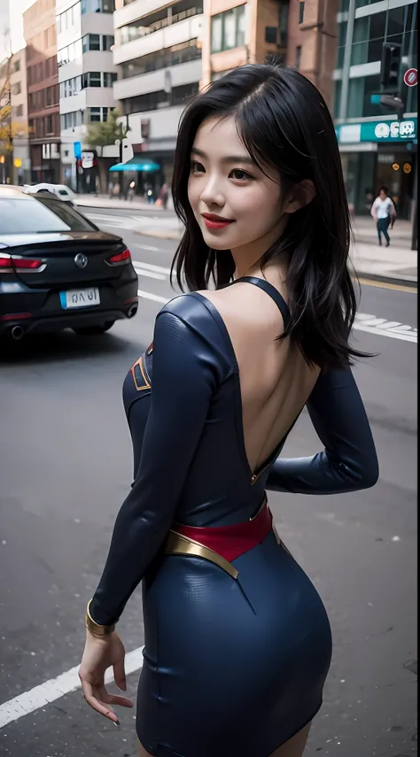 Supergirl,Black color hair,a asian beauty,ssmile,orthofacial,Detailed depiction of the face,Stand in the middle of the street,(Backshot:1.4),On both sides are neat towering buildings