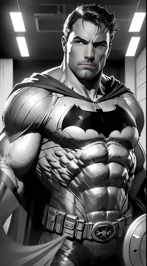 1 man, solo, ben affleck as batman, tall, hunk, muscular, bulk, wide shoulder, photorealism, dark dirty grey suit, dark grey arm...