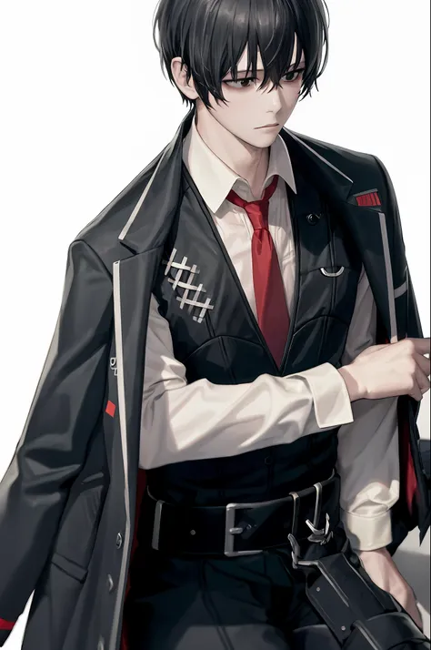 soft lightning, (masterpiece, best quality), yisang_limbus, default_outfit, 1boy, solo, red necktie, black jacket, black vest, j...