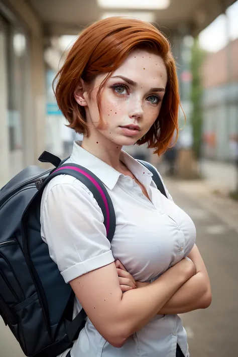 ((Karen Gillan steht vor einer Schule)), ((schlanke junge Frau)), ((she wears a school uniform with a backpack on her back)), ((white shirt)), ((schwarzer Rock)), (kleiner Kopf), ((natural skin texture)), ((Freckles on the face and upper body)), (fotoreali...