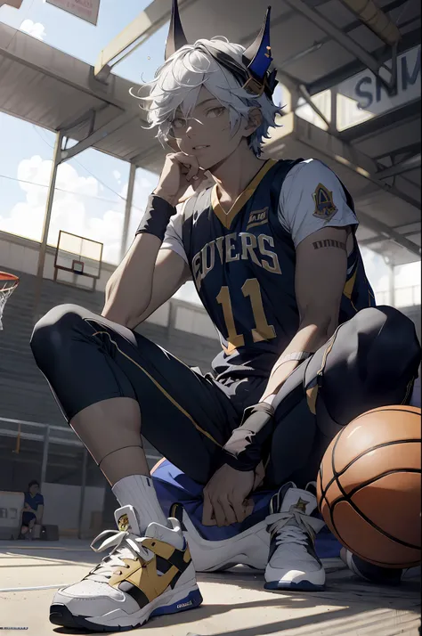 Absurd, high resolution, super detailed, official art, unified 8k wallpaper, super detailed, beautiful and aesthetic, Obra-prima, best quality, short white hair, dark skin, horns on the head, cute handsome boy, wearing basketball shirt, sports field, sneak...