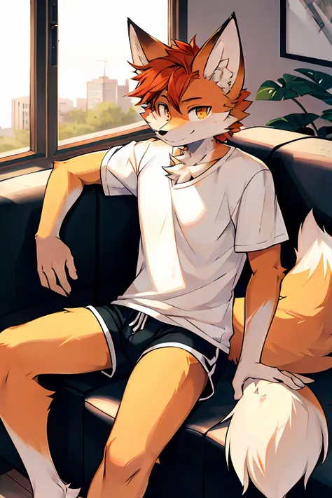 (fox, furry, anthropomorphic), male, siting on couch, inside, livingroom, wearing shorts, wearing shirt, furry art, fur on arms,...