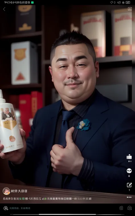 Fat uncle,with a round face,short detailed hair,ssmile,potbelly,The suit is sitting