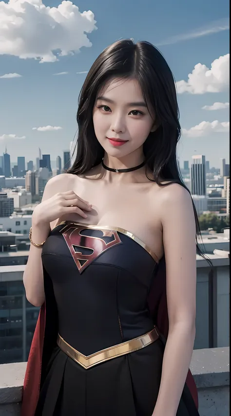 Supergirl,black color hair,a asian beauty,Detailed depictions of faces,ssmile,Standing on top of tall buildings,(Three-quarters photo close-up:1.3),with blue sky and white clouds,Outdoor photography,cinmatic lighting,volumettic light,best qualityer,Extreme...