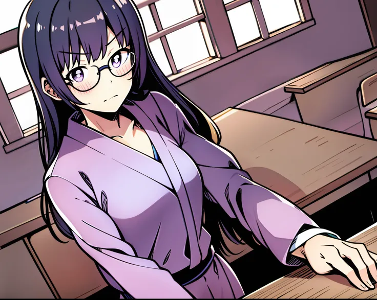 a black silky hair、light purple pupils、japanese anime woman with glasses，young female teachers，wear casual black and white cloth...