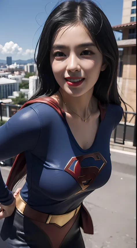 Supergirl,Black color hair,a asian beauty,Detailed depiction of the face,ssmile,Standing on top of tall buildings,(Sexy close-up of three-quarters of photos:1.3),with blue sky and white clouds,Outdoor photography,cinmatic lighting,volumettic light,best qua...