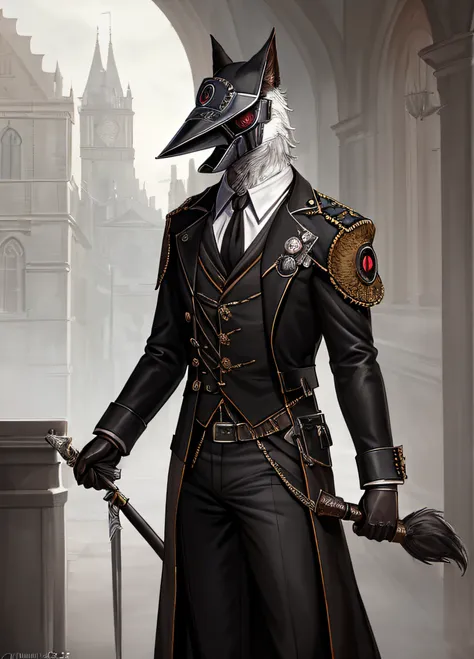 Masterpiece, realistic, best quality, (furry art, uploaded on e621:1.4), (very detailed CG unity 8k wallpaper), professional artwork, bloodborne, gothic, Industrial, 1man, Inquisitor, Pathfinder Inquisitor, gorgeous military Prussian uniform, Steampunk, pl...