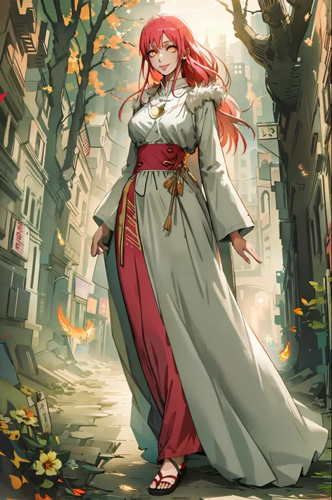 makima,Gothic, huge chest, tall woman, curved, f, long hair, christian, alone, catholic, latin cross,, forest city, plants, walking, smile, smile, ,fur clothes, wizard, medieval, village,tights, portrait, long skirt, long dress, flip-flops, , huge breast, ...