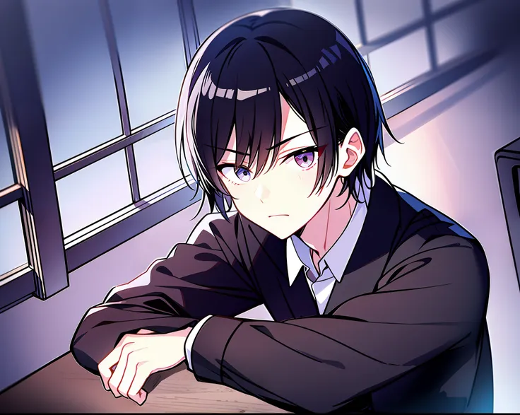 melancholic and handsome male protagonist，a 17-year-old japanese anime character。black hair and eyes，dressed in black school uni...