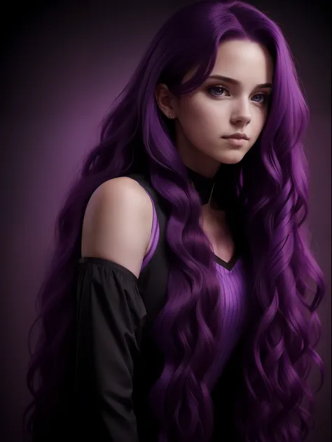 portrait of a girl with long purple hair, flowing, curly purple hair, side view, uniform background, dark background, high qulit...