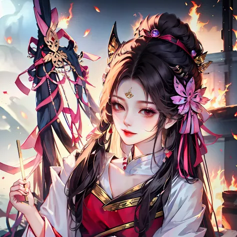 ember, Black and red Hanfu, mischievous smile, Flute on the belt, hairlong, gathered in a high tail, red ribbon in the hair, Wei Ying