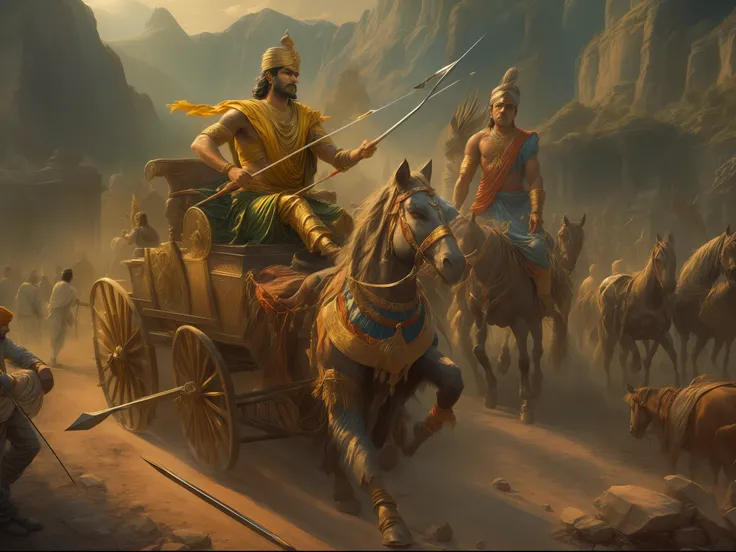 Best quality, masterpiece, 8k, i-ray, high sample rate, (two men:1.8), on battleground, one man driving chariot 2nd shooting arrows, Indian mythical chariot, Arjun and krishna