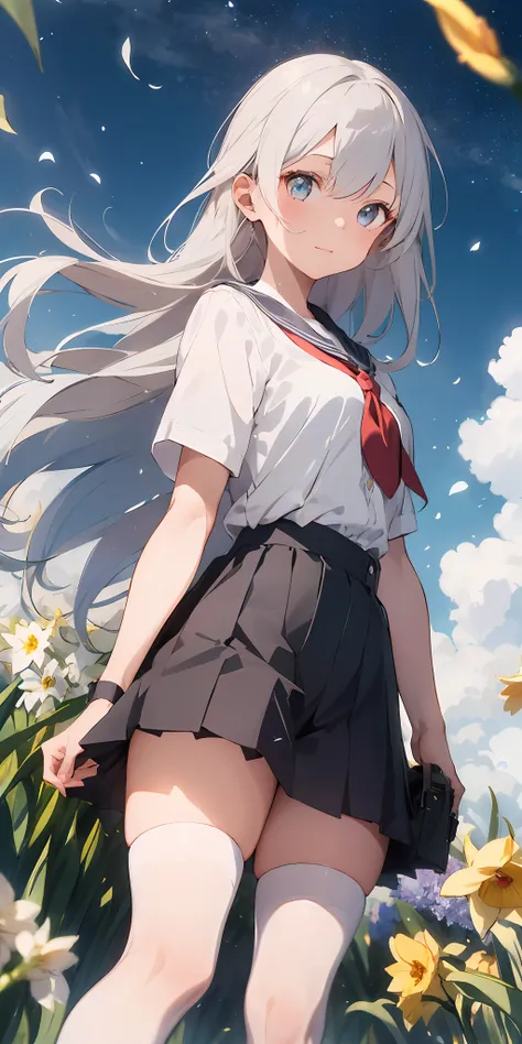 1girl, beautiful detailed eyes, long white hair, light grey eyes, school uniform, high white stocking, vivid, flower, daffodil, hyacinth, falling petals, , high contrast, ((masterpiece, best quality)), cinematic light, cinematic composition
