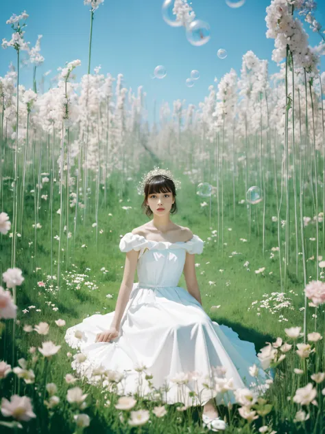 masterpiece,(best quality:1.3),(1girll:1.2),
(solo:1.3),bubble_beauty,full body,alfid woman sitting in a flower field in a white...