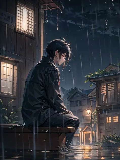 ,masterpiece, best quality,8k, ultra highres,deep in the night,Man sitting alone on the balcony,Looking out at the empty streets。Falling raindrops in the sky wet his cheeks,It was as if nature had soothed his soul。He closed his eyes gently,Plunge into a vo...