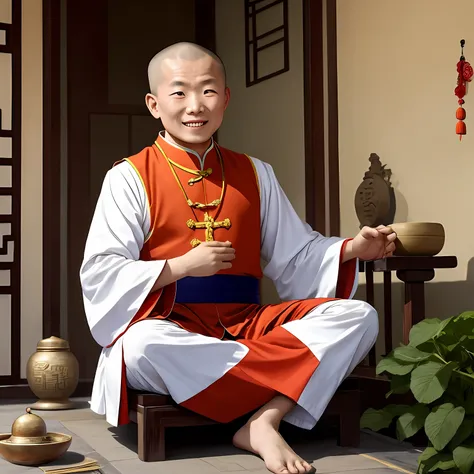 A 2-year-old Chinese monk,round face,dressed in a monks uniform,with hands folded on his chest, sitting cross legged and smiling,In the temple, Disney style --ar 3:4 --q 2 --relax --v 5.2 --auto