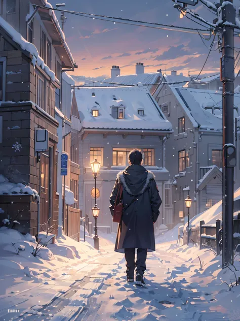 ,masterpiece, best quality,8k, ultra highres,during dawn,Man walks out of the house,He was greeted by a plain white snowscape。He stood on a snow-covered street,Gaze into the distance,There was a glimmer of hope in his eyes。Snowflakes fell gently on his sho...