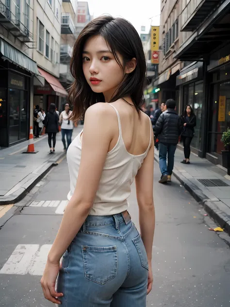 real photograph，tmasterpiece，araffed asian woman in white top and jeans standing on sidewalk, natta，the streets are brightly lit...