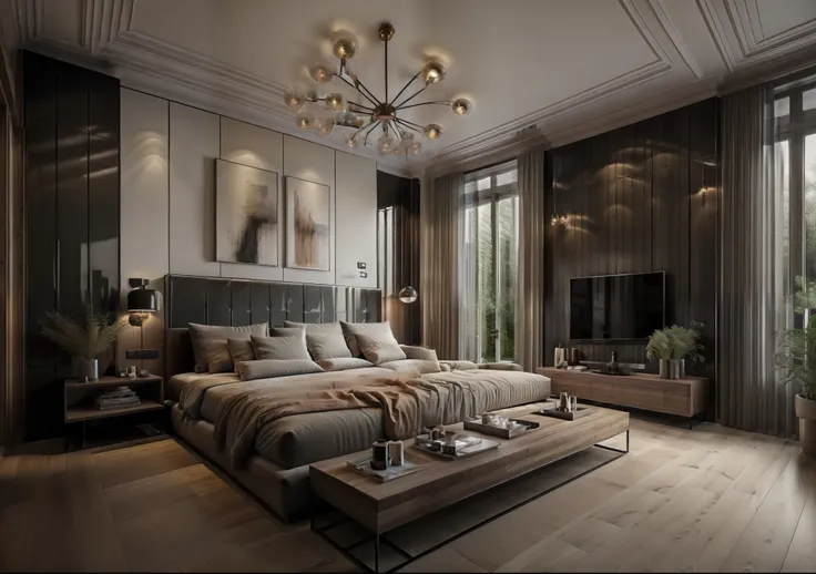 ((best quality, 8k, masterpiece :1.3)), living room design: 1.3,  glossy black wooden furniture  , sofa , plaster ceiling , glos...