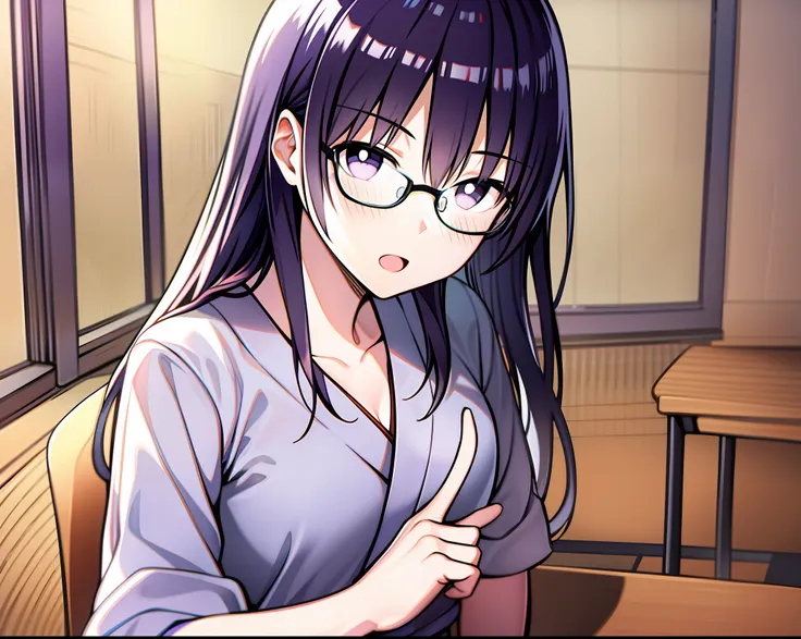 a black silky hair、light purple pupils、japanese anime woman with glasses，young female teachers，wear casual black and white cloth...