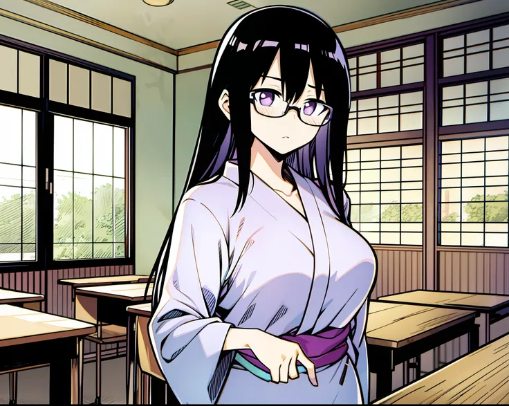 a black silky hair、light purple pupils、japanese anime woman with glasses，young female teachers，wear casual black and white cloth...