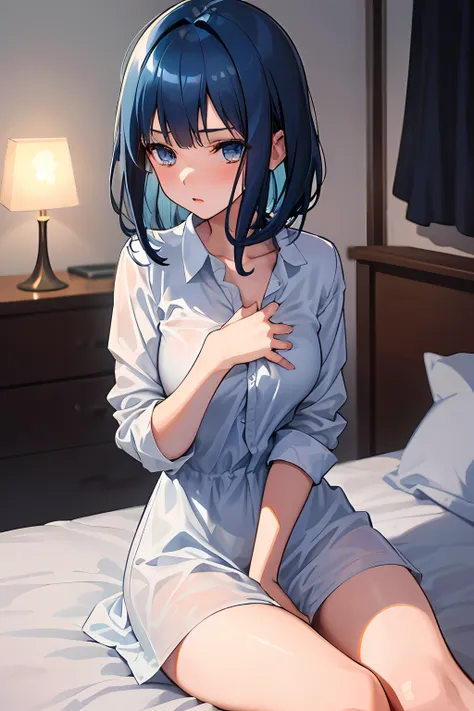 (((1 girl)), ray tracing, (dim lighting), [Detail background (bedroom)), (((dark blue hair)), ((Dark blue hair), (Fluffy dark blue hair, slender girl))) Short hair))) Avoid golden eyes in a sinister bedroom ((Naked oversized shirt)), sitting, showing hands...