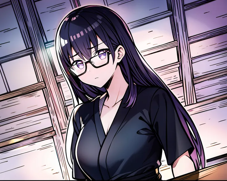 a black silky hair、light purple pupils、japanese anime woman with glasses，young female teachers，wear casual black and white cloth...