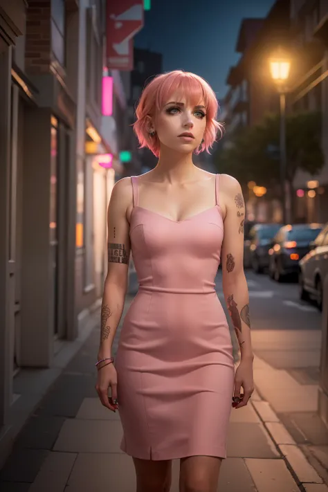 ((hayley williams walks on the street at night)), ((schlanke junge frau)), ((she wears an all-pink pencil dress)), ((schulterfre...