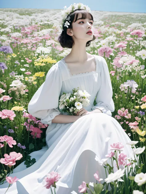 alfid woman sitting in a flower field in a white dress, dior campaign, tim walker's style, official dior editorial, dior magazin...