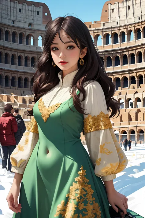(Positive focus),2girls,duo,navel,(At the Colosseum,crowd,winter,Snowy),Surrealistic Female Portraits by David Hockney and Alphonse Mucha,Fantasy art,photograph realistic, Dynamic lighting,art stations,poster for,Volumetriclighting,Very detailed faces,4K,...