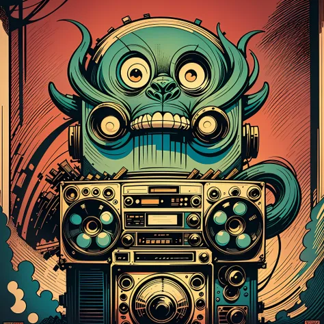 (((a monster creature)))), holding, a boombox with a radio, boombox, ghetto blaster, big ghetto blaster, tape deck, lofi hip hop...