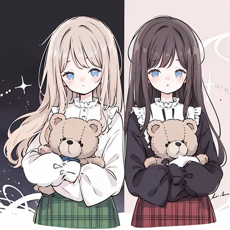 an anime-style illustration of two schoolgirls holding teddy bears. the girls should have long hair and wear white blouses with ...