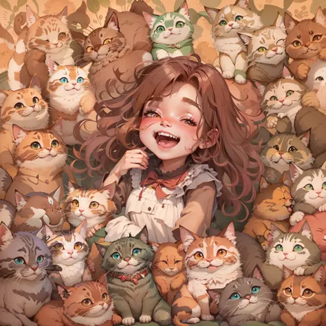 Menina cabelo cachead feliz rodeada de gatinhos.