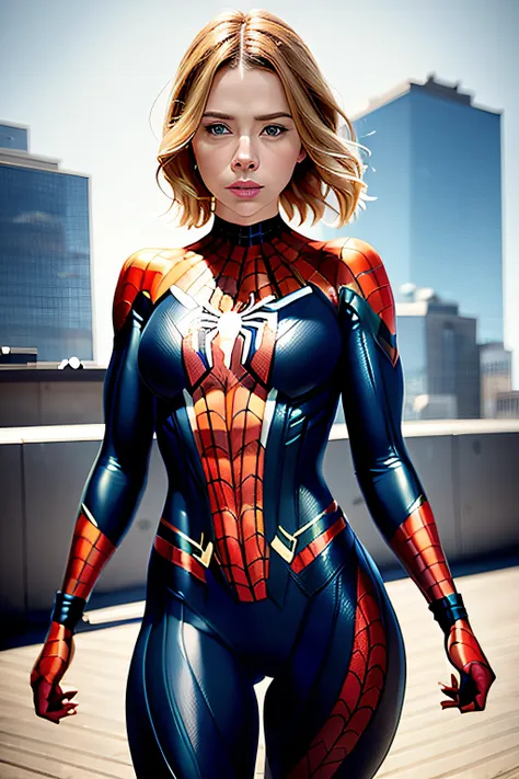 beautiful photo of scarlett johanssen, wearing a spideman costume, a stunning intricate full color photo of (sks woman:1), epic ...