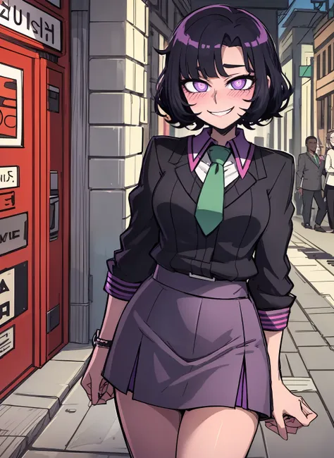 dark skin, short purple black hair, purple pupils, love in eyes, blushing, cute, smug, smile, rolling eyes, green necktie, short...