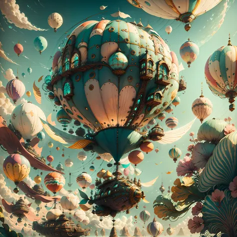 fairytaleai airship, hot air balloon, airship zonaiiai,, ao ar livre, nuvens, oceano,  obra-prima, trend, 8k