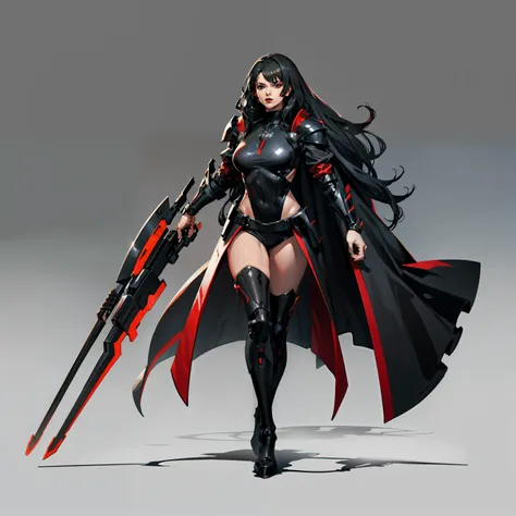 combat queen, futuristic armor, full body shot, black , white skin, black long hair, red lipstick, no background,